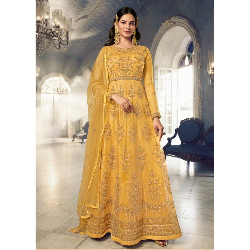 Pretty Yellow Wedding Party Net Designer Anarkali Suit
