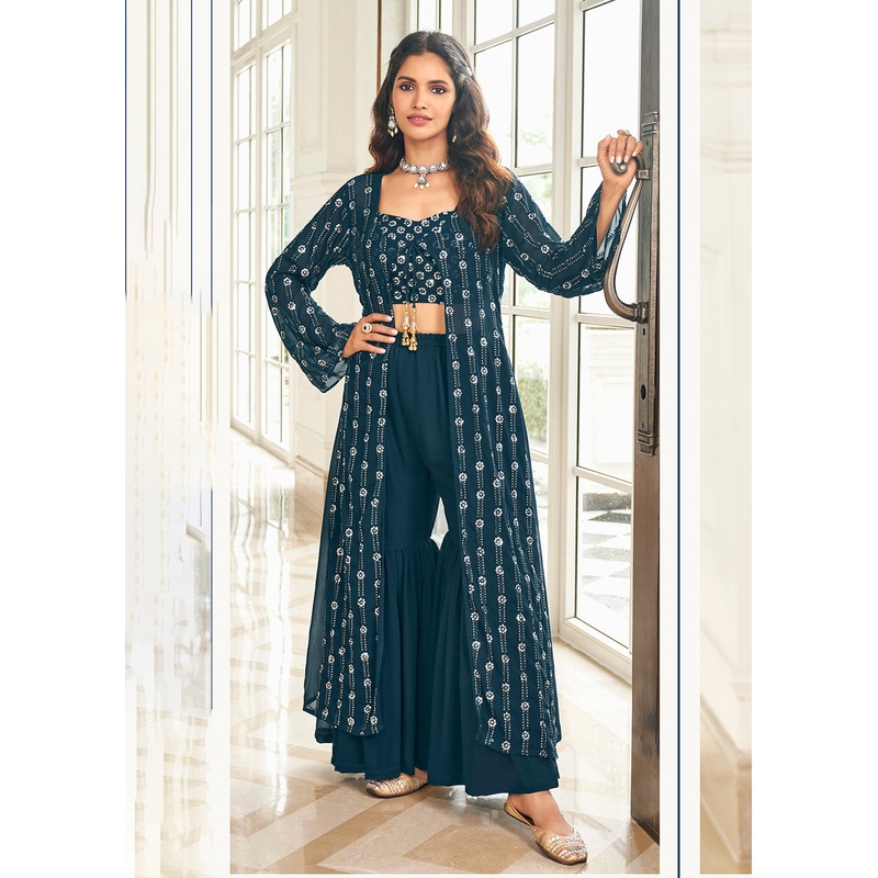 Prussian Blue 3 Piece Sequins Embroidered Gharara Suit
