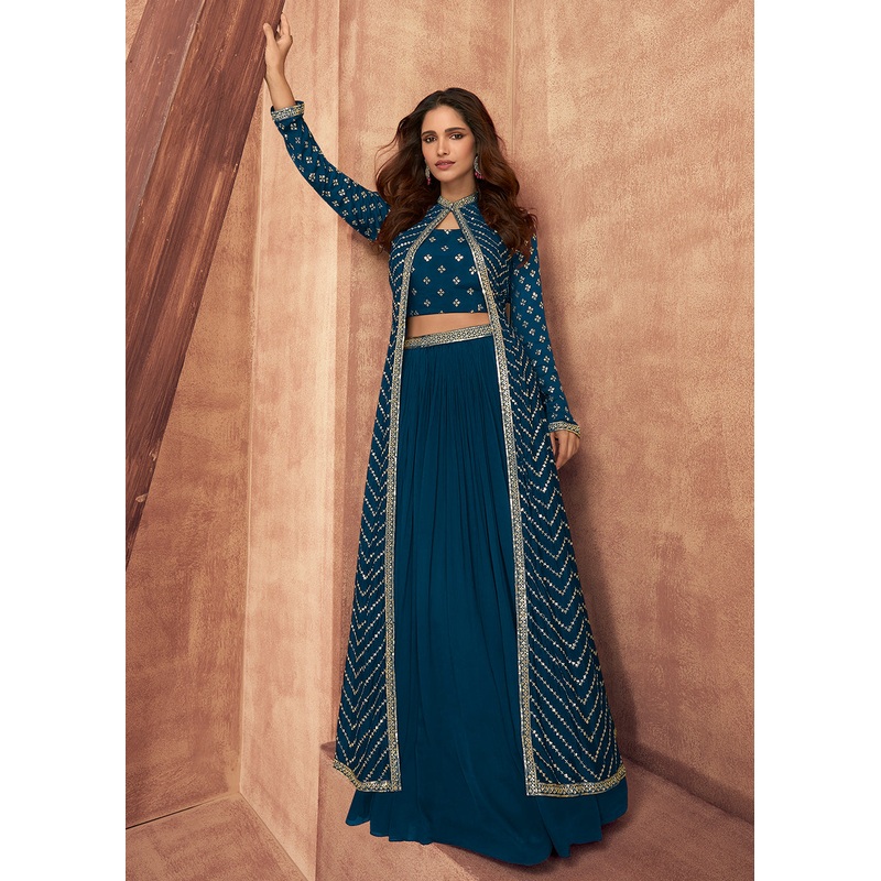 Prussian Blue Dola Silk Party Wear Lehenga Choli with Jacket