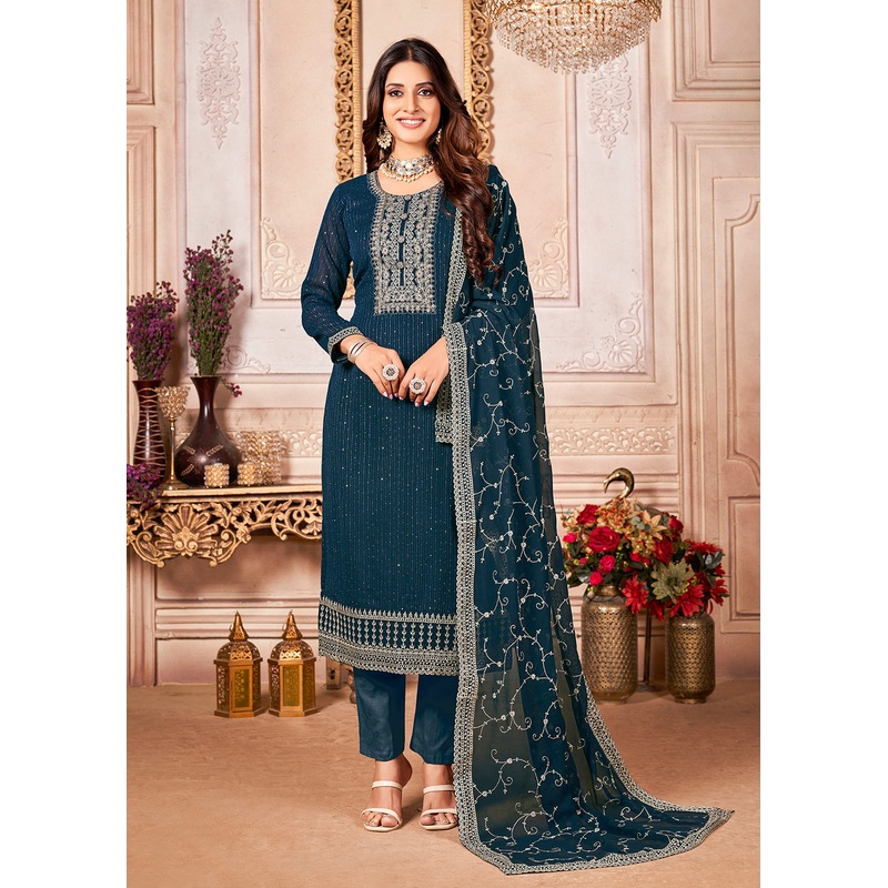 Prussian Blue Indian Georgette Ceremonial Salwar Suit