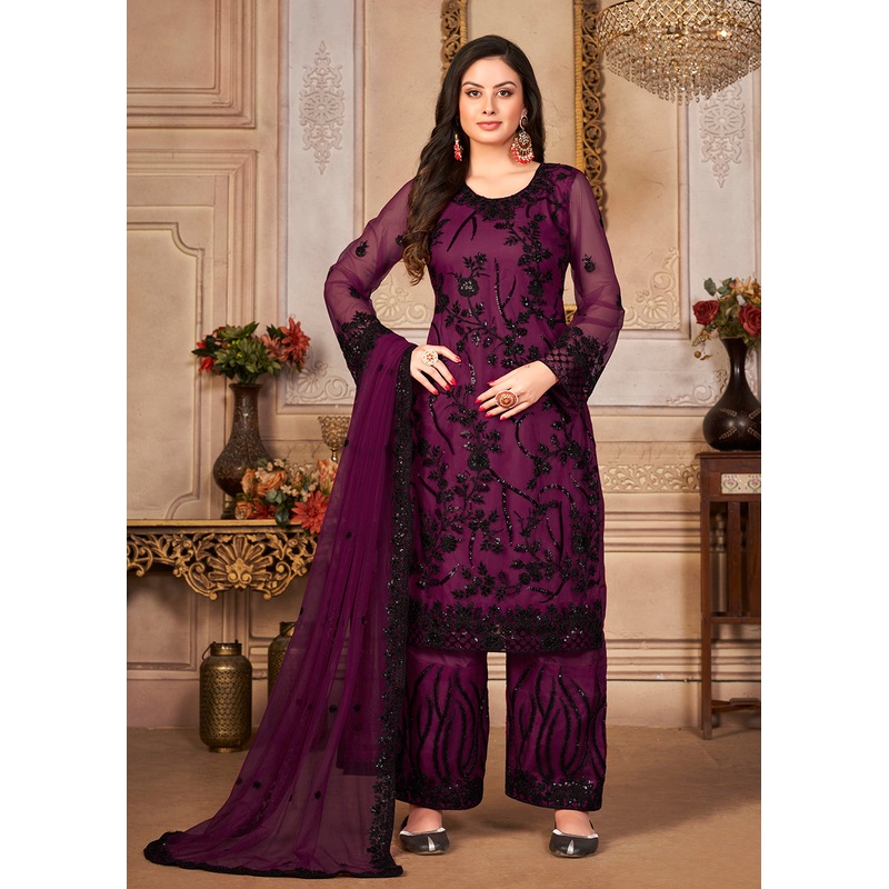 Purple & Black Cording & Sequins Embroidered Pant Style Suit
