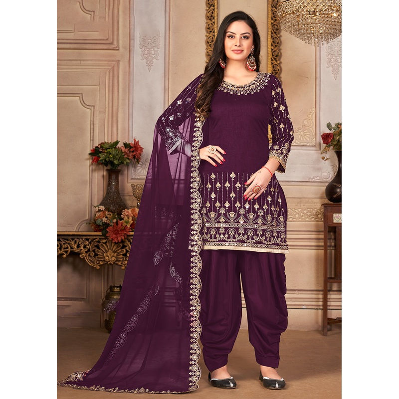 Purple Patiala Style Silk Crafted Punjabi Salwar Suit