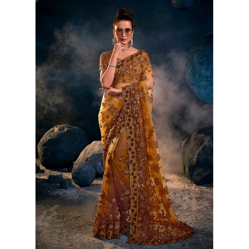 Radiant Mustard Premium Net Heavy Embroidered Designer Saree