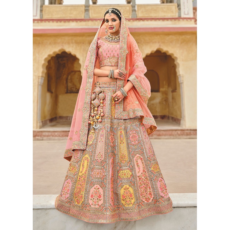 Radiant Peach Bridal Wear Heavy Embroidered Silk Lehenga Choli