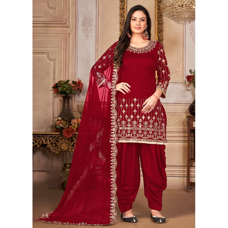 Red Patiala Style Silk Crafted Punjabi Salwar Suit