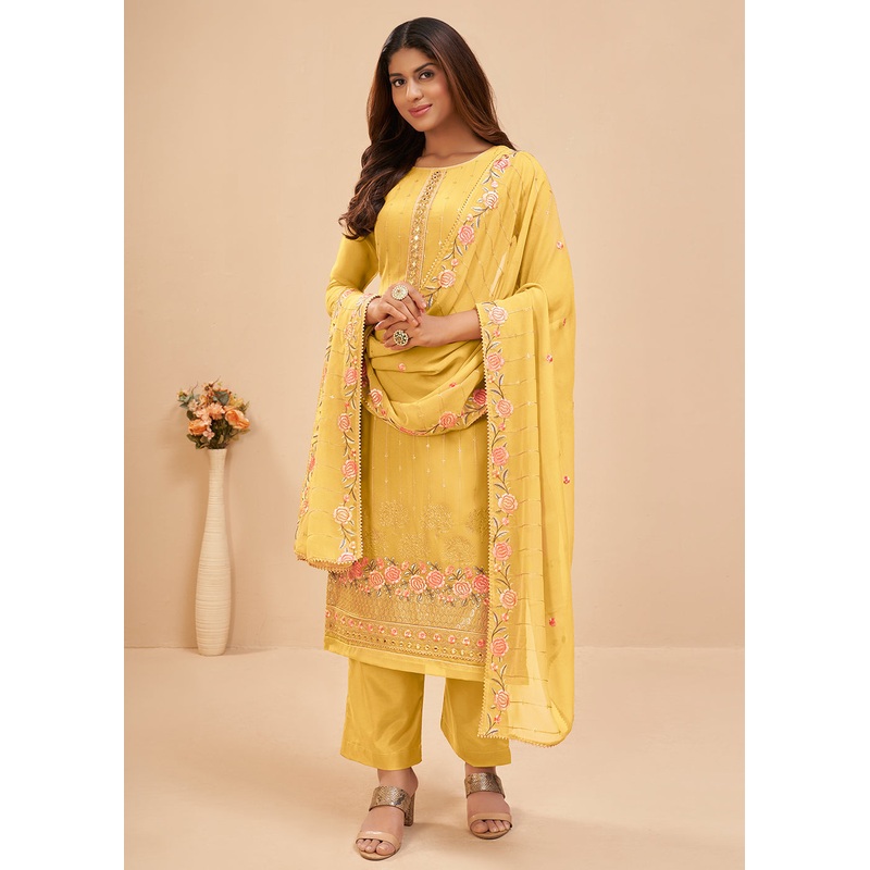 Rich Yellow Floral Embroidered Festive Pant Style Suit