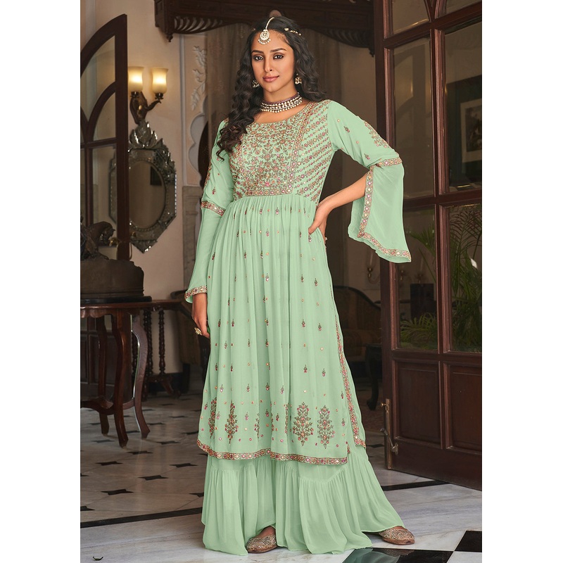 Sea Green Festive Mirror Embroidered Palazzo Salwar Suit