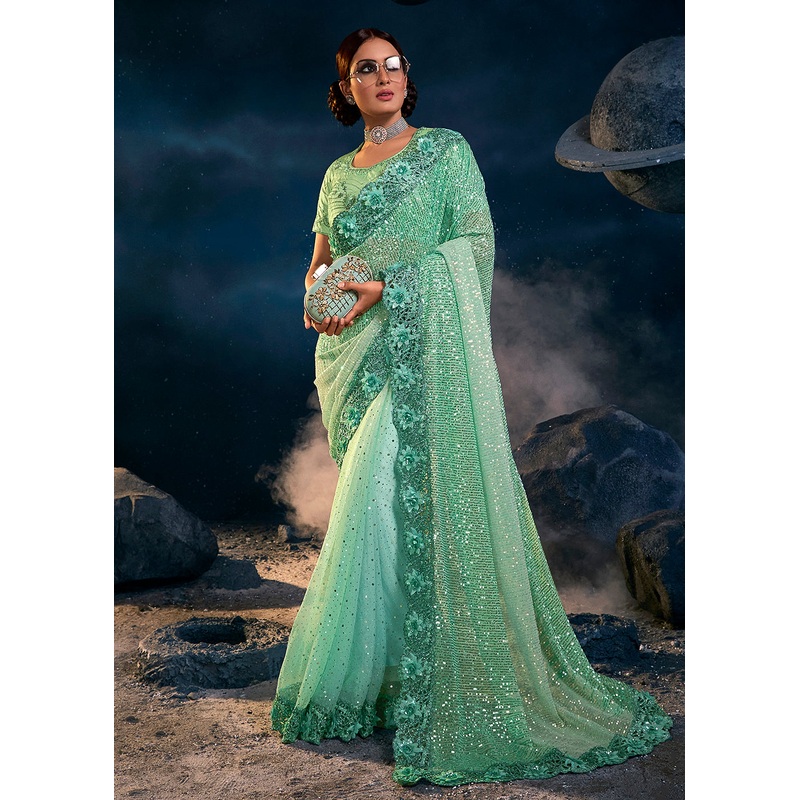 Sea Green Premium Net Heavy Embroidered Designer Saree