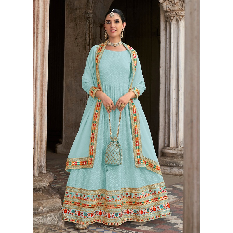 Sequins Embroidered Aqua Blue Georgette Traditional Anarkali