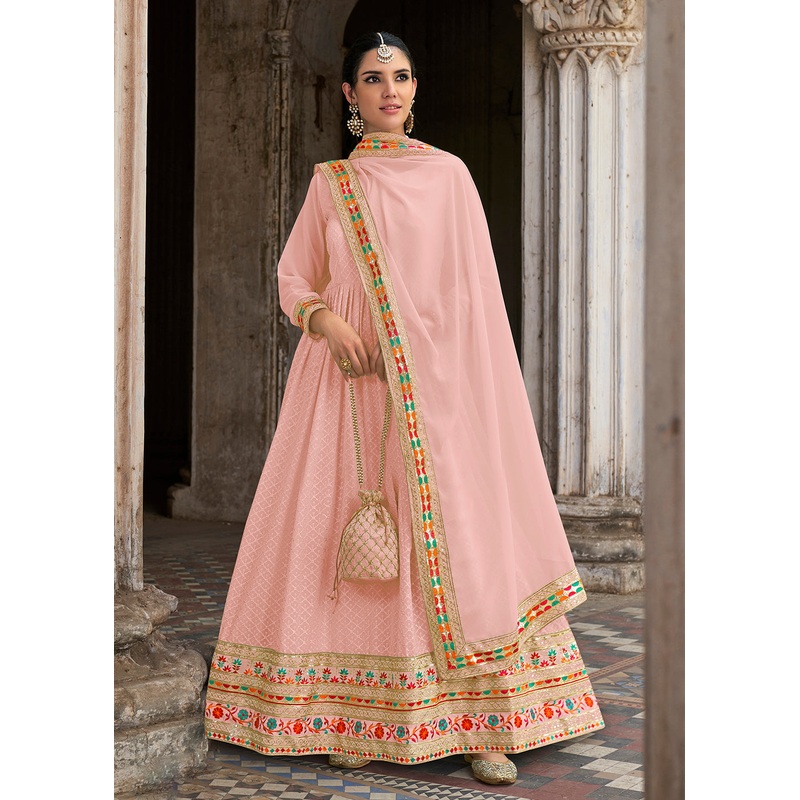 Sequins Embroidered Peachy Pink Georgette Traditional Anarkali