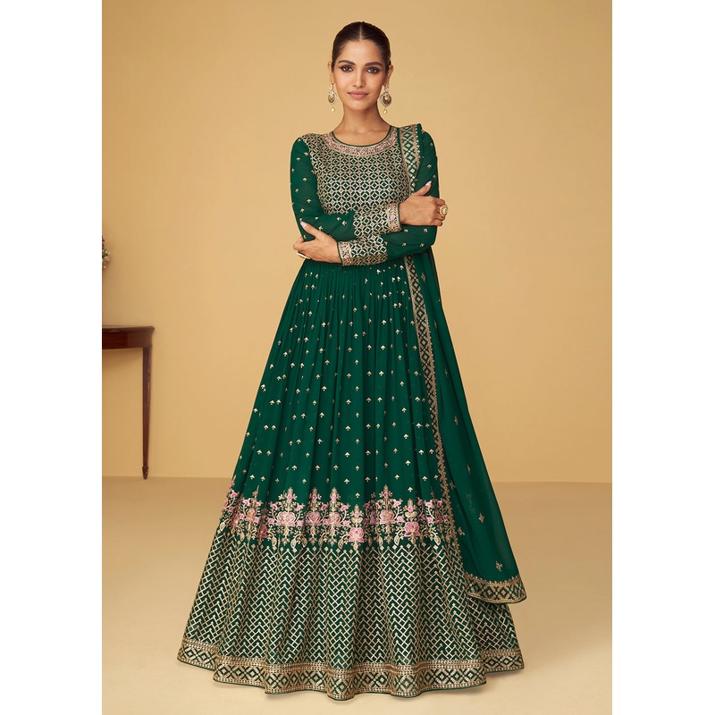 Sequins & Thread Real Georgette Green Indian Anarkali Suit