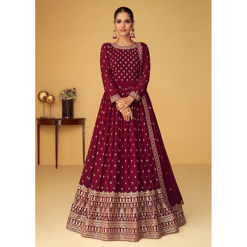 Sequins & Thread Real Georgette Maroon Indian Anarkali Suit