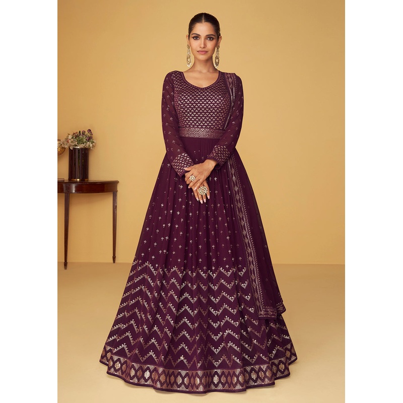 Sequins & Thread Real Georgette Purple Indian Anarkali Suit