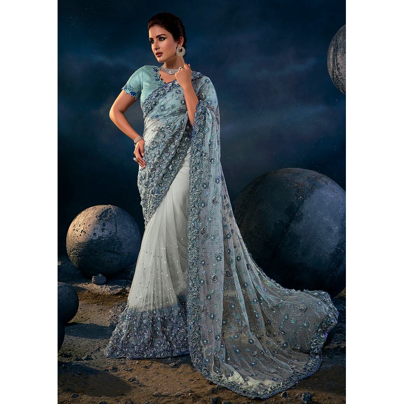 Soft Grey Premium Net Heavy Embroidered Designer Saree