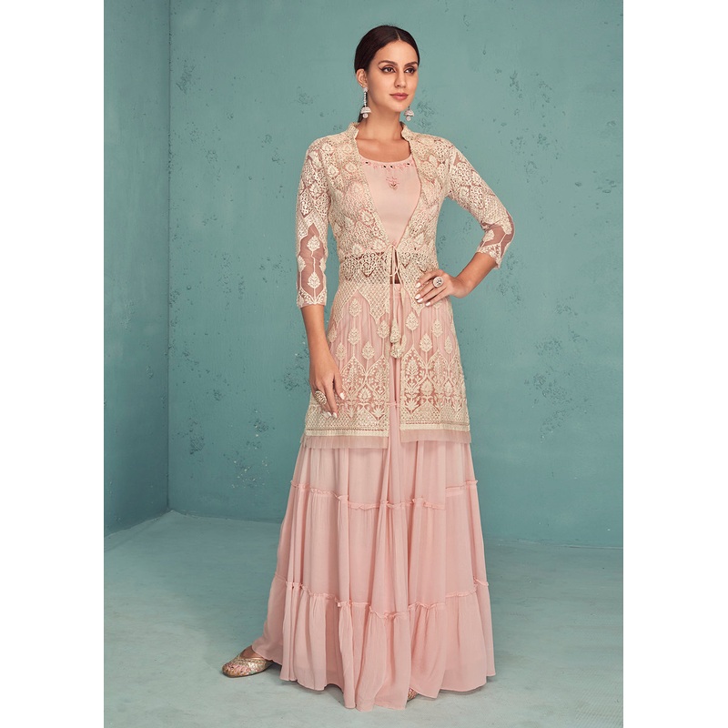 Soft Peach Indo-Western Jacket Style Georgette Skirt Dress
