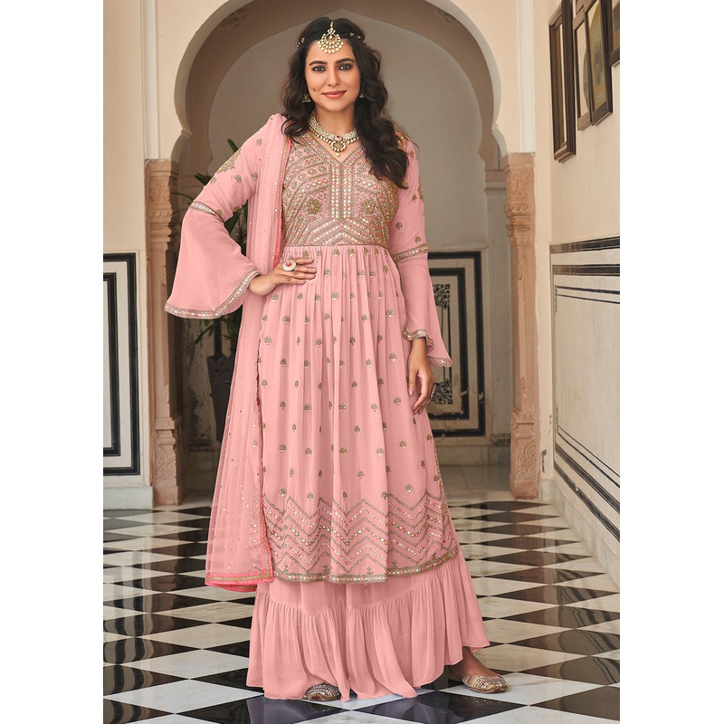 Soft Pink Festive Mirror Embroidered Palazzo Salwar Suit