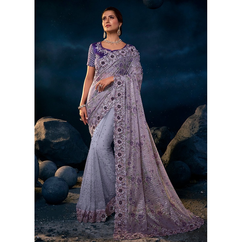 Splendid Purple Premium Net Heavy Embroidered Designer Saree
