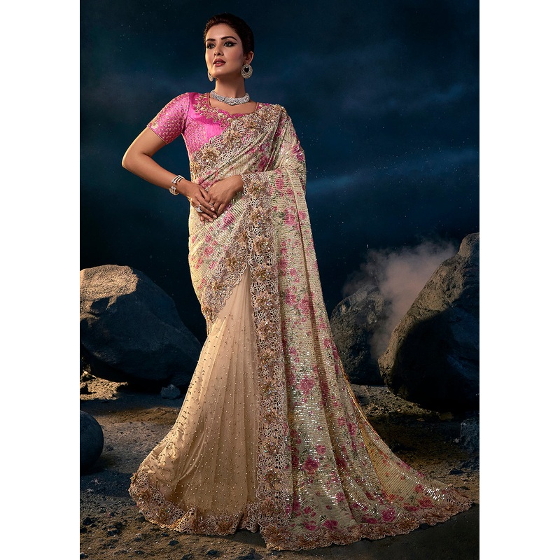 Stunning Cream Premium Net Heavy Embroidered Designer Saree