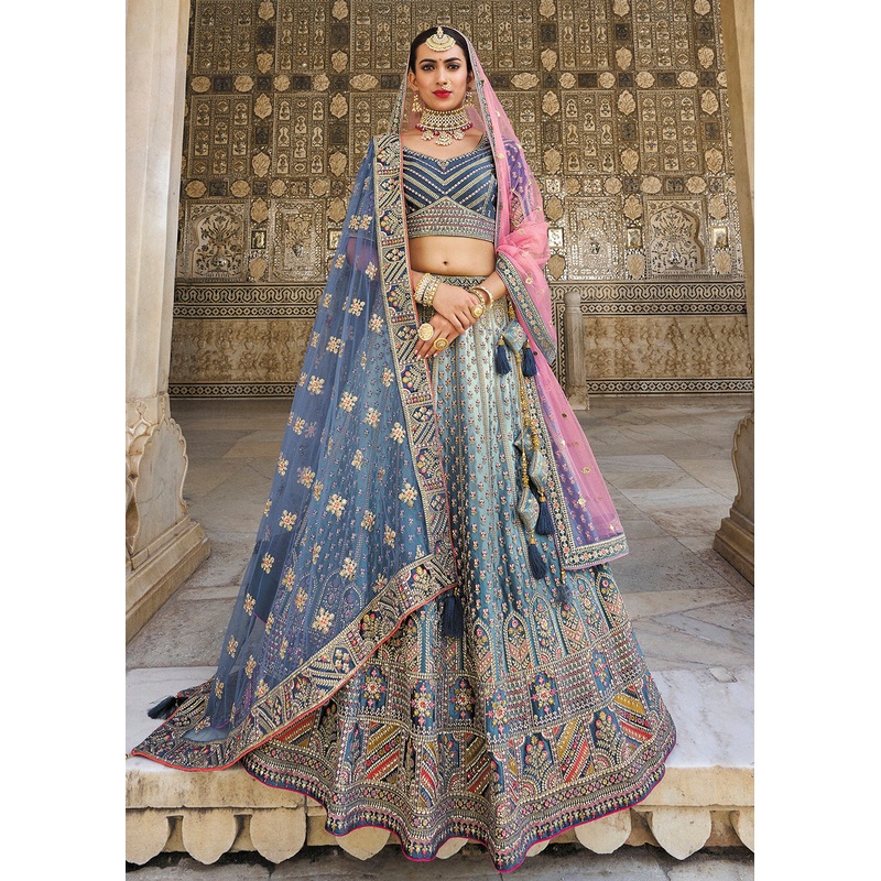 Subline Blue Bridal Wear Heavy Embroidered Silk Lehenga Choli