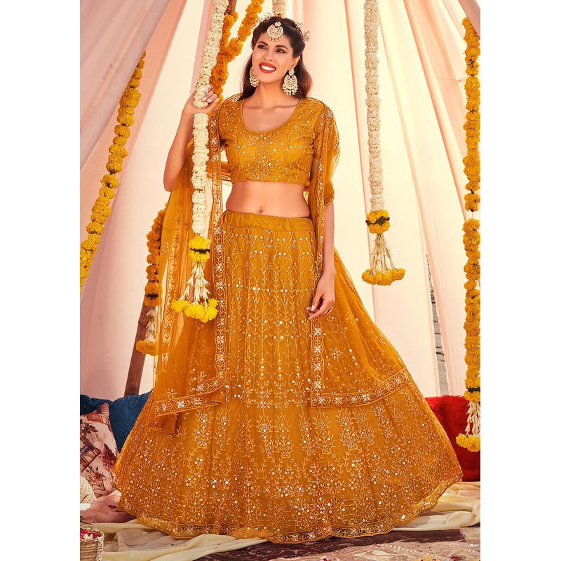 Superior Mustard Sequined Wedding Function Wear Lehenga Choli