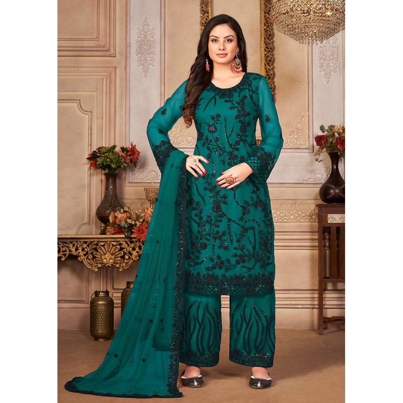 Teal & Black Cording & Sequins Embroidered Pant Style Suit