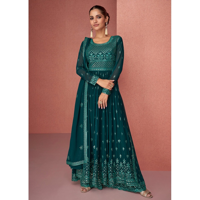 Teal Green Anarkali Style Georgette Embellished Palazzo Suit