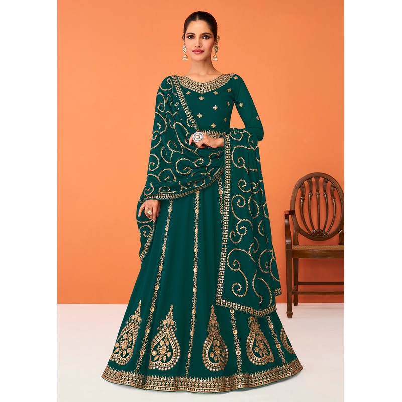 Teal Green Festive Wear Embroidered Anarkali Suit