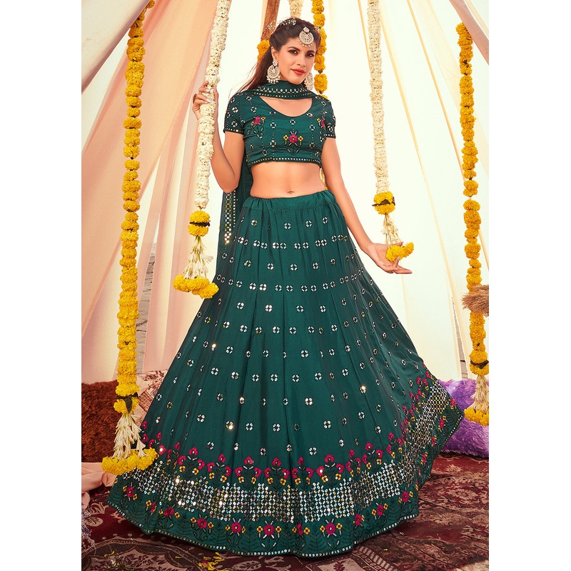 Teal Green Sequined Wedding Function Wear Lehenga Choli