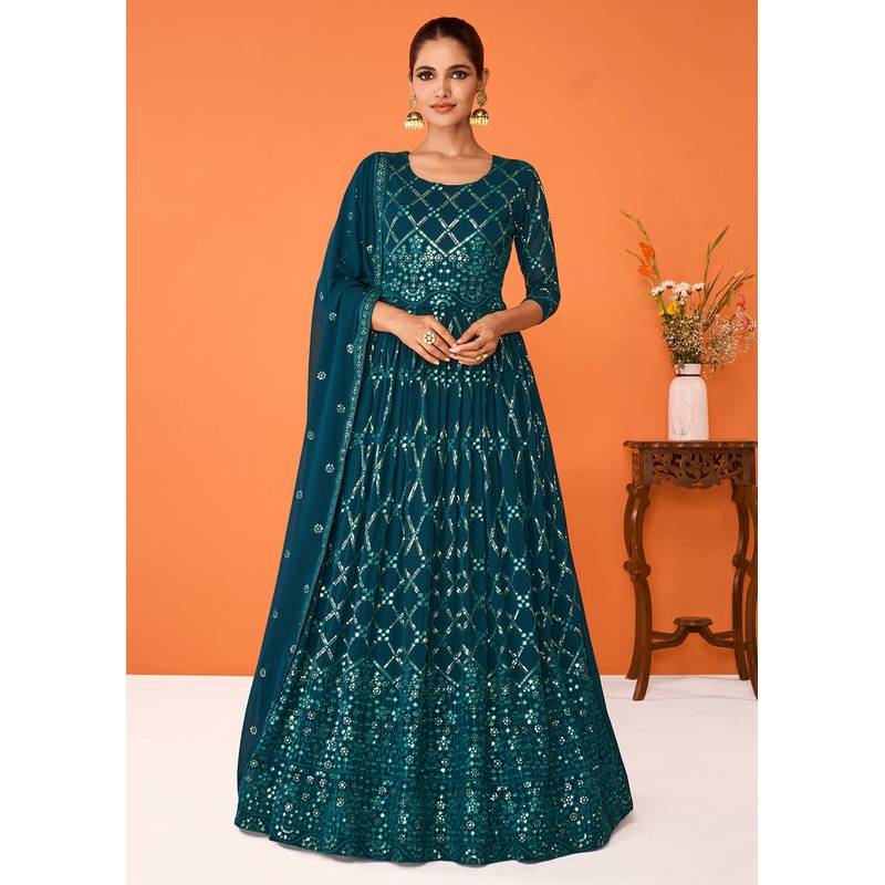 Teal Wedding Festive Special Georgette Anarkali Suit