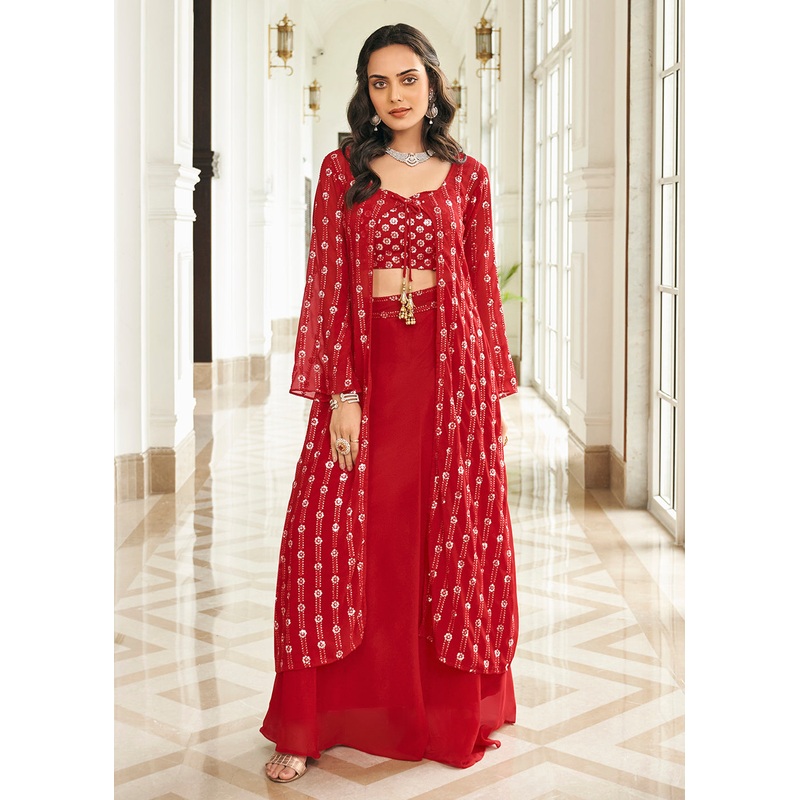 Tempting Red 3 Piece Sequins Embroidered Palazzo Suit