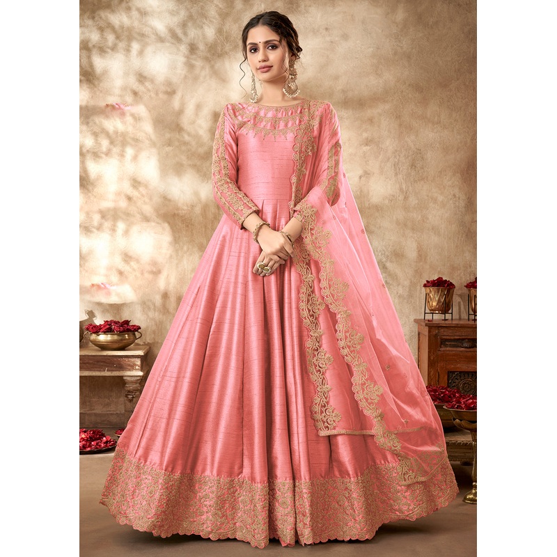 Tempting Salmon Pink Art Silk Zari Embroidered Festive Anarkali Gown