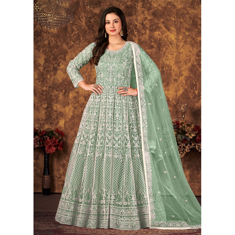 Tempting Sea Green Cording Embroidered Wedding Anarkali Dress