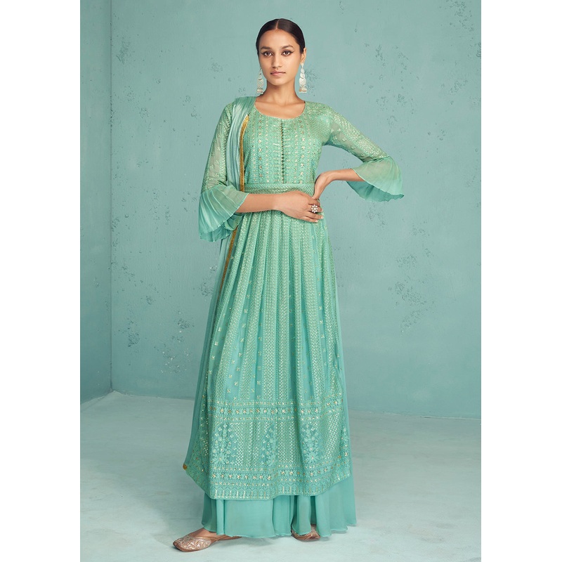 Traditional Aqua Blue Georgette Embroidered Anarkali Suit