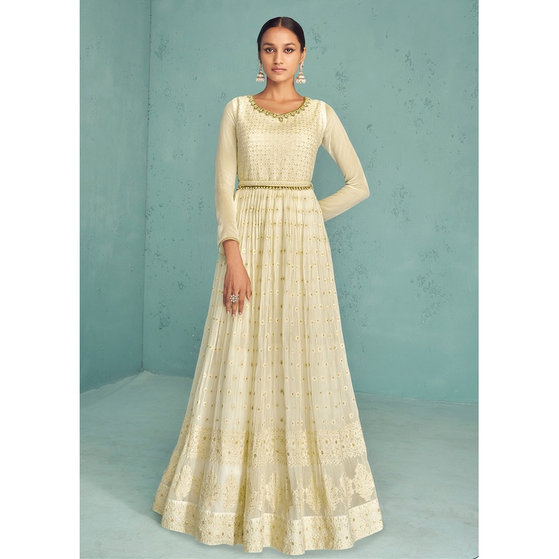 Traditional Ivory Beige Georgette Embroidered Anarkali Suit