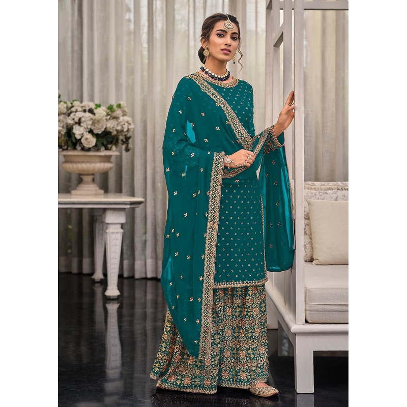 Turquoise Chinon & Georgette Designer Palazzo Salwar Suit