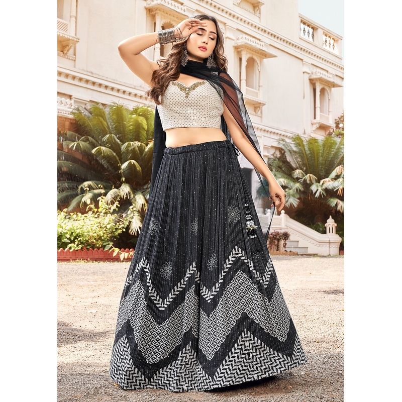 Warmfull Black & White Self Thread Sequins Party Wear Lehenga