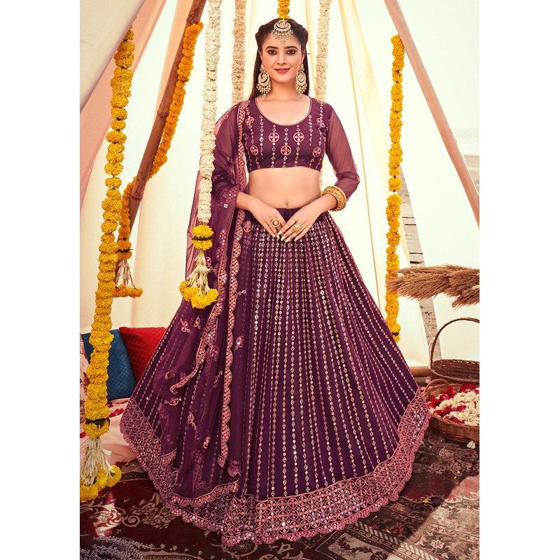 Wine Purple Sequined Wedding Function Wear Lehenga Choli