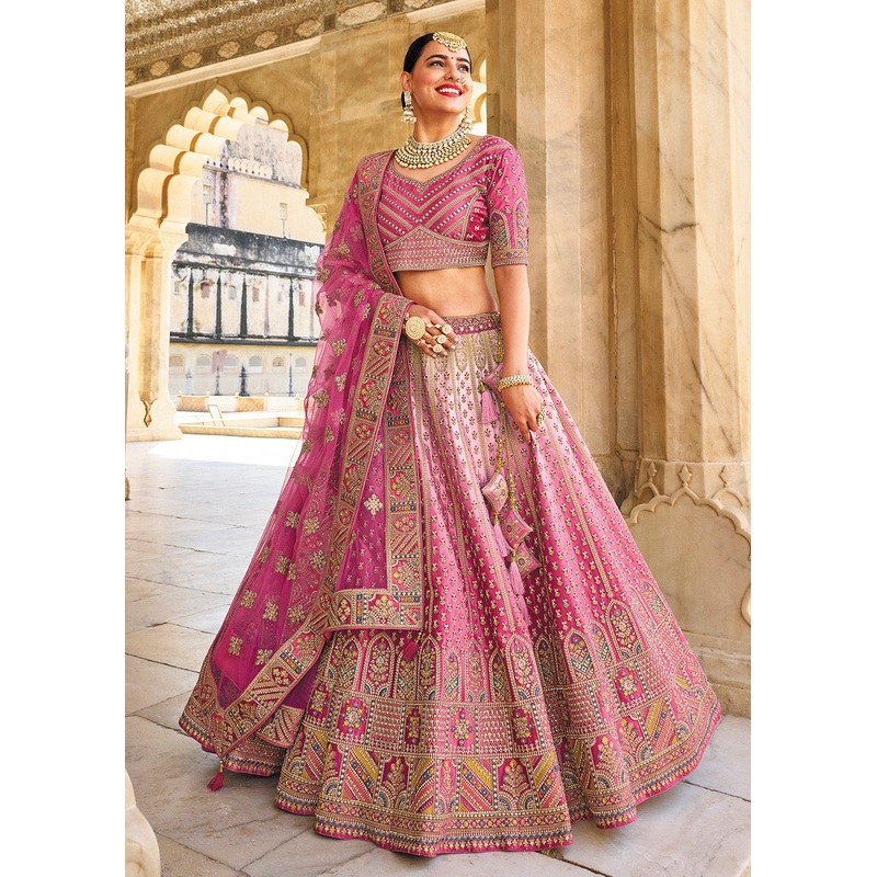 Wonderous Pink Bridal Wear Heavy Embroidered Silk Lehenga Choli