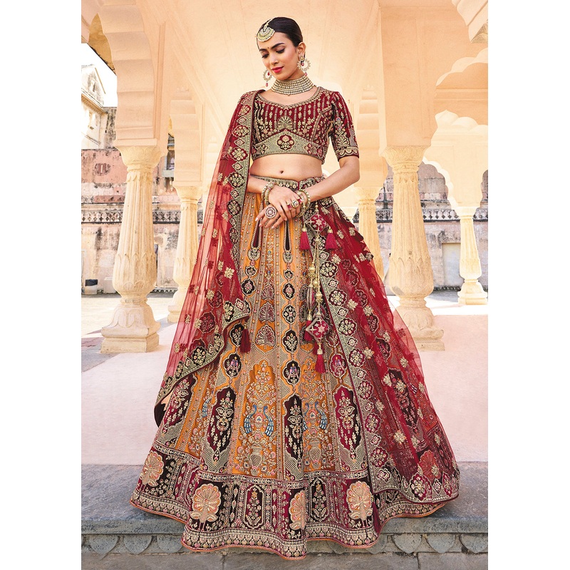 Yellow & Maroon Bridal Wear Heavy Embroidered Silk Lehenga Choli
