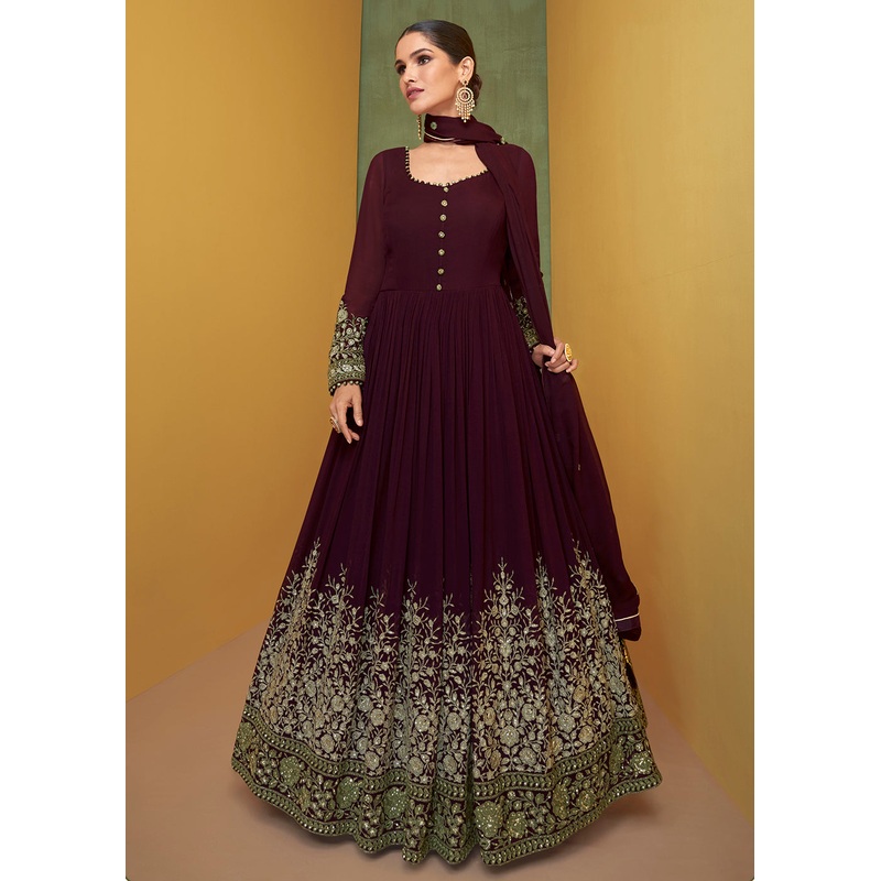 Appealing Plum Purple Wedding Embroidered Bridal Anarkali Gown