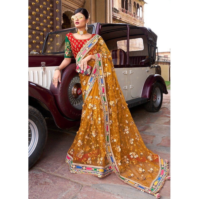 Attractive Mustard Applique Net Designer Bridal Party Wear Saree