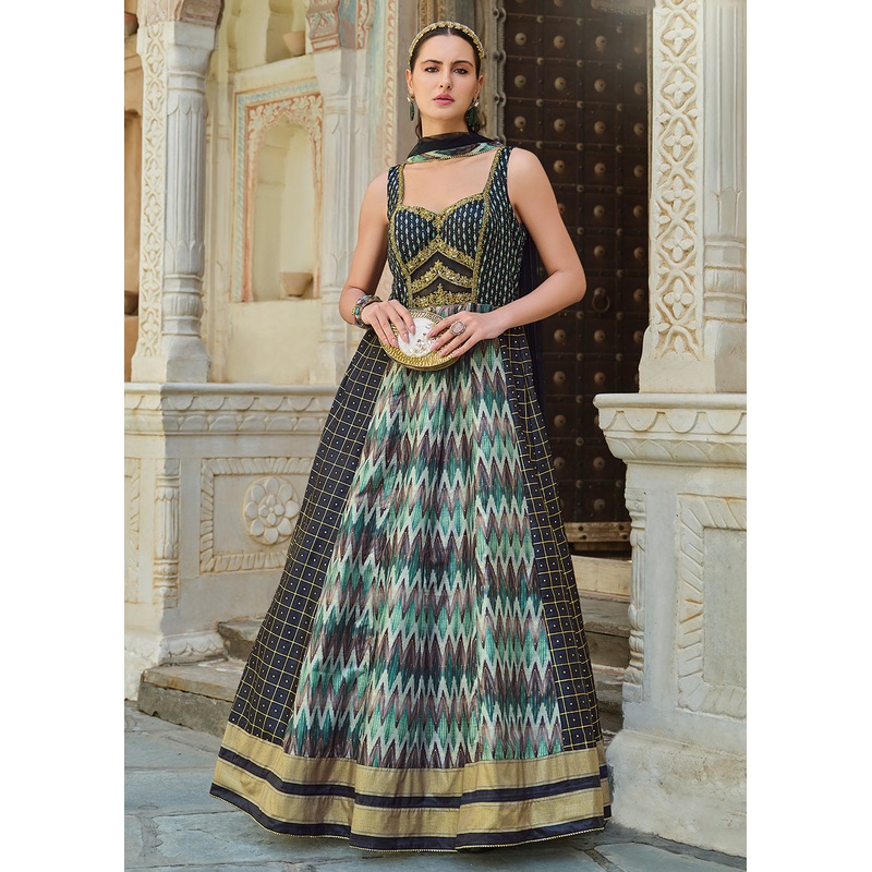 Black Foil Printed Silk Embroidered Festive Anarkali Gown