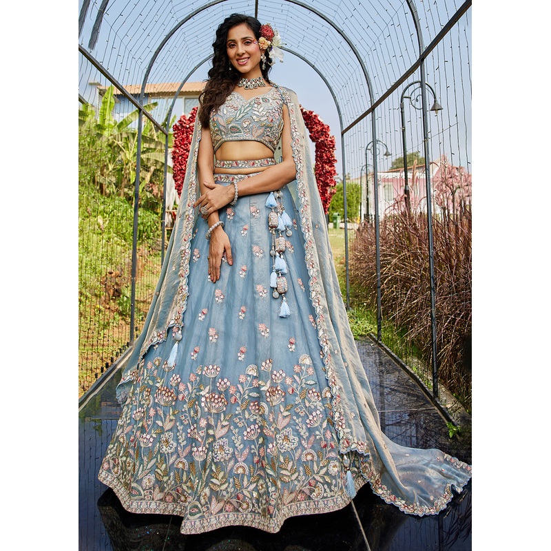 Blue Tissue Fabric Beautifully Embroidered Lehenga Choli