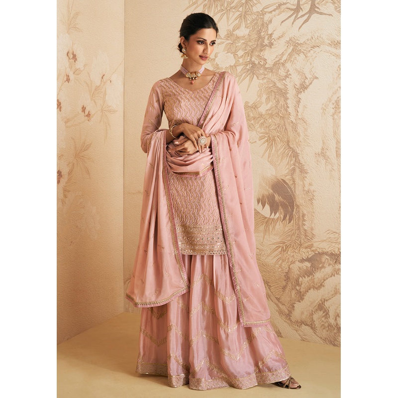 Blush Pink Thread & Sequins Embroidered Designer Sharara Suit