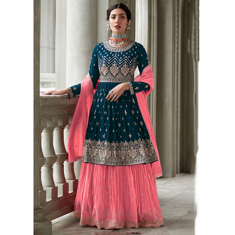 Charming Blue & Pink Sharara Top Style Lehenga Anarkali