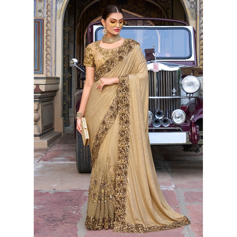Chickoo Beige Applique Net Designer Bridal Party Wear Saree