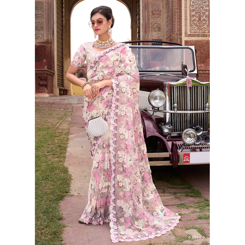 Creamy Pink Applique Net Designer Bridal Party Wear Saree