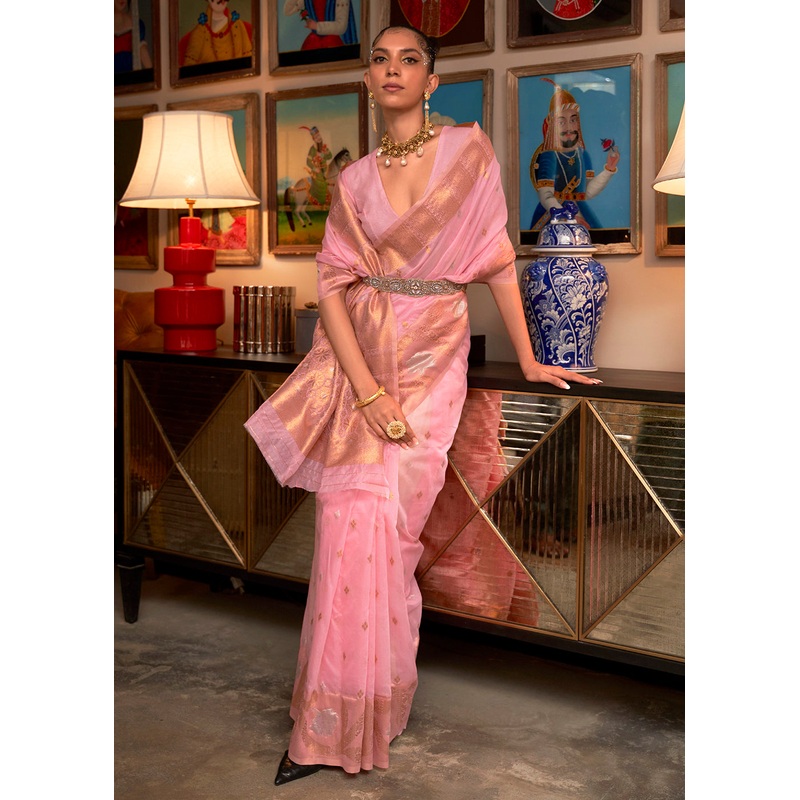 Crystal Pink Blended Woven Zari Organza Silk Saree