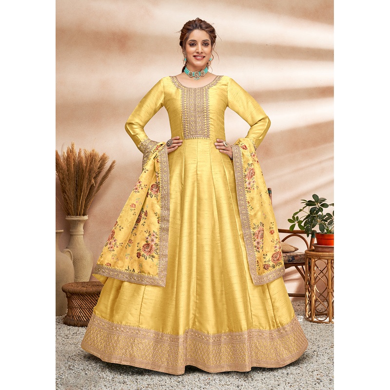 Cute Yellow Art Silk Embellished Wedding & Party Wear Anarkali