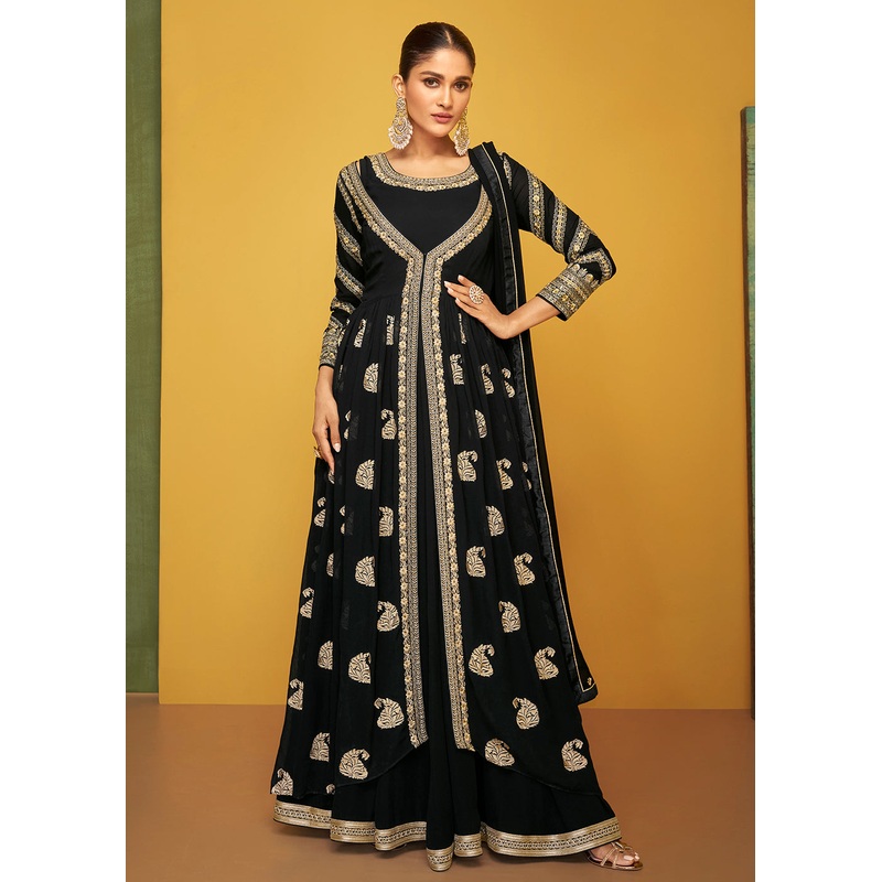 Dazzling Black Chinon Fabric Jacket Style Designer Anarkali Gown
